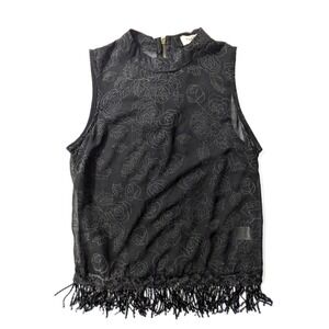 Monteau Sheer Black Rose Fringe Top with Mock Neck Boho Flapper Day to Night XS